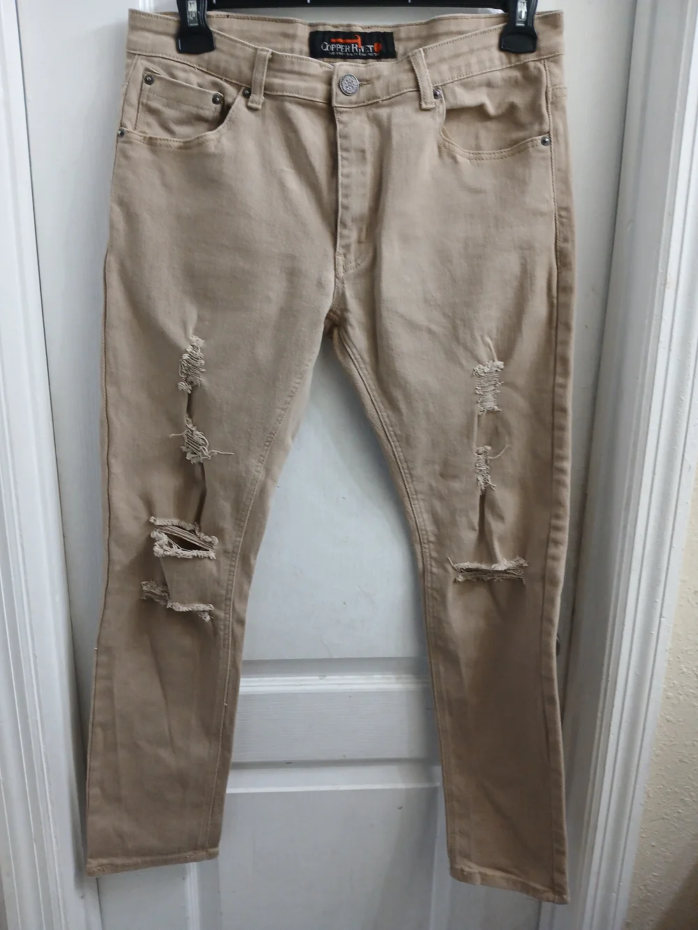98% Cotton Copper Rivet Men's Slim Fit Distressed Ripped Moto Jeans Tan 34x30